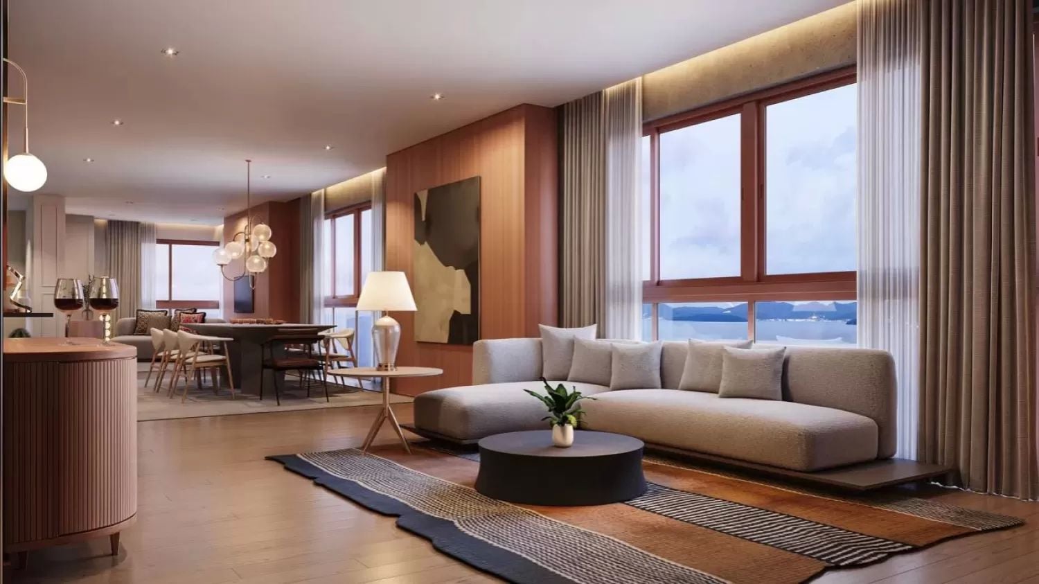 Living integrado do apartamento tipo do Elizabeth II